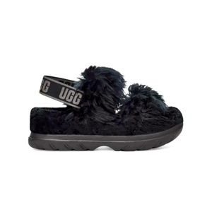 Women’s UGG fur black slippers with rubber sole.